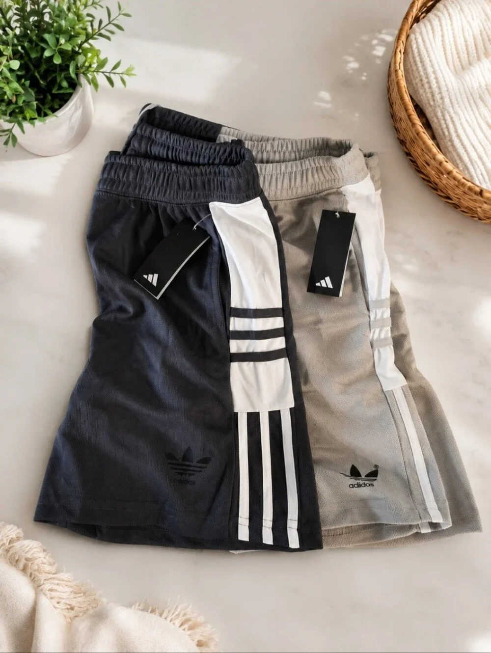 adidas Set Of 2 Mens 3-Stripe Athletic Shorts - Black & Light Gray